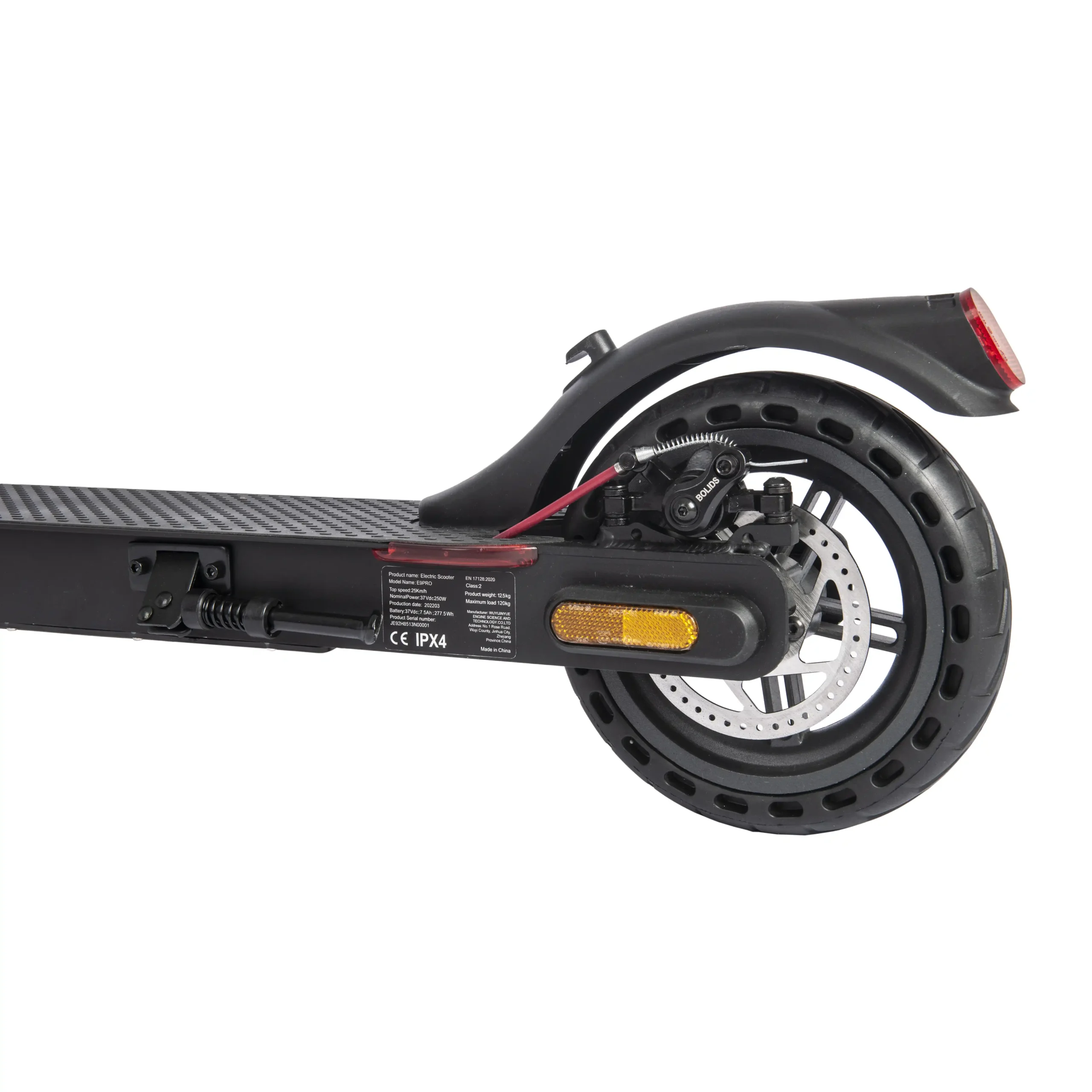 Close-up of the rear wheel, brake light, disc brake and fender