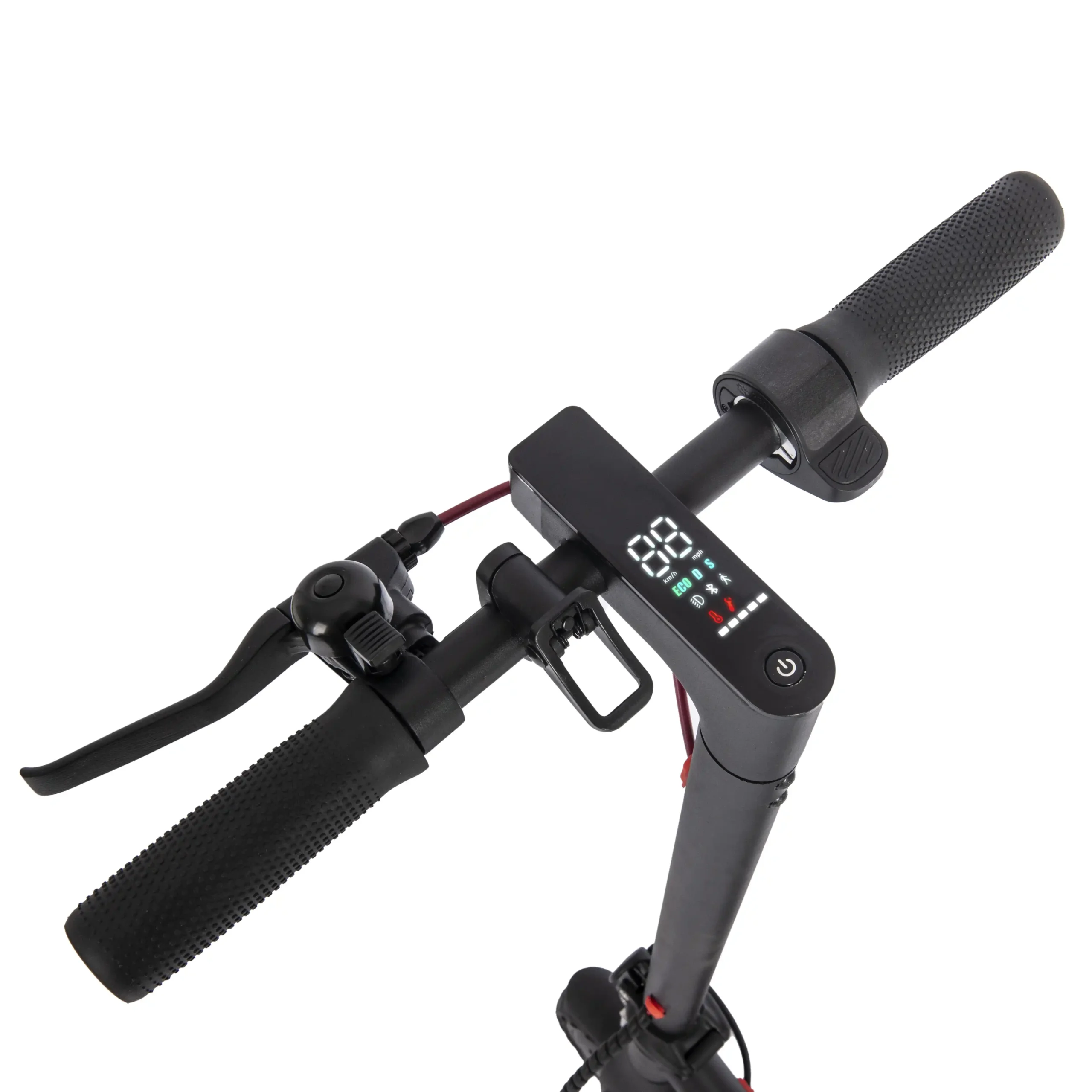 Close-up of the handlebar with brake lever, display and throttle